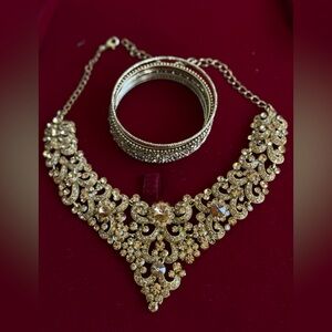 Statement Necklace & Bangles Set – Gold Tone Costume Jewelry